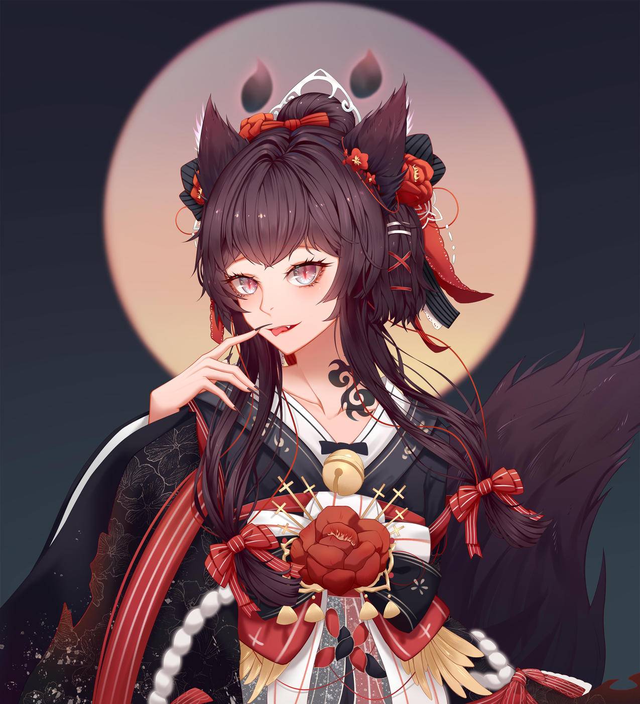 兽耳,狐耳,尾巴,女孩,和服,花朵,月亮,4K高清动漫壁纸