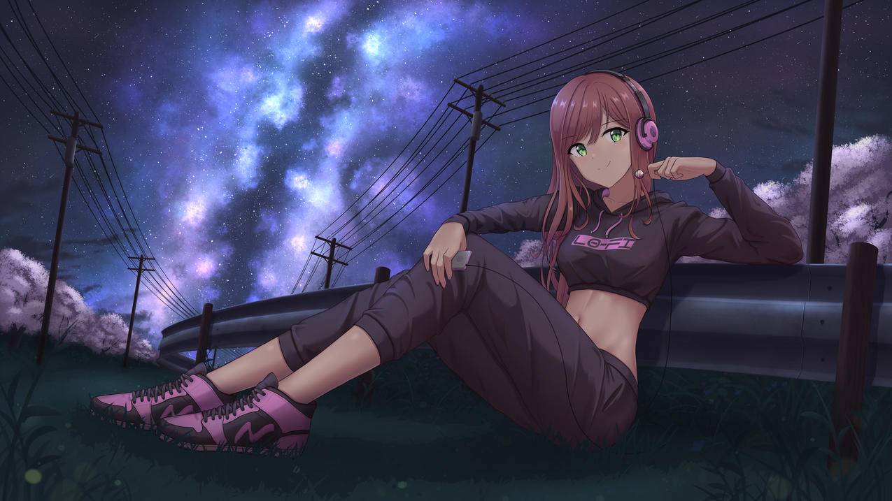 星空,草地,樱花树,运动装,耳机,女孩,4K高清动漫壁纸