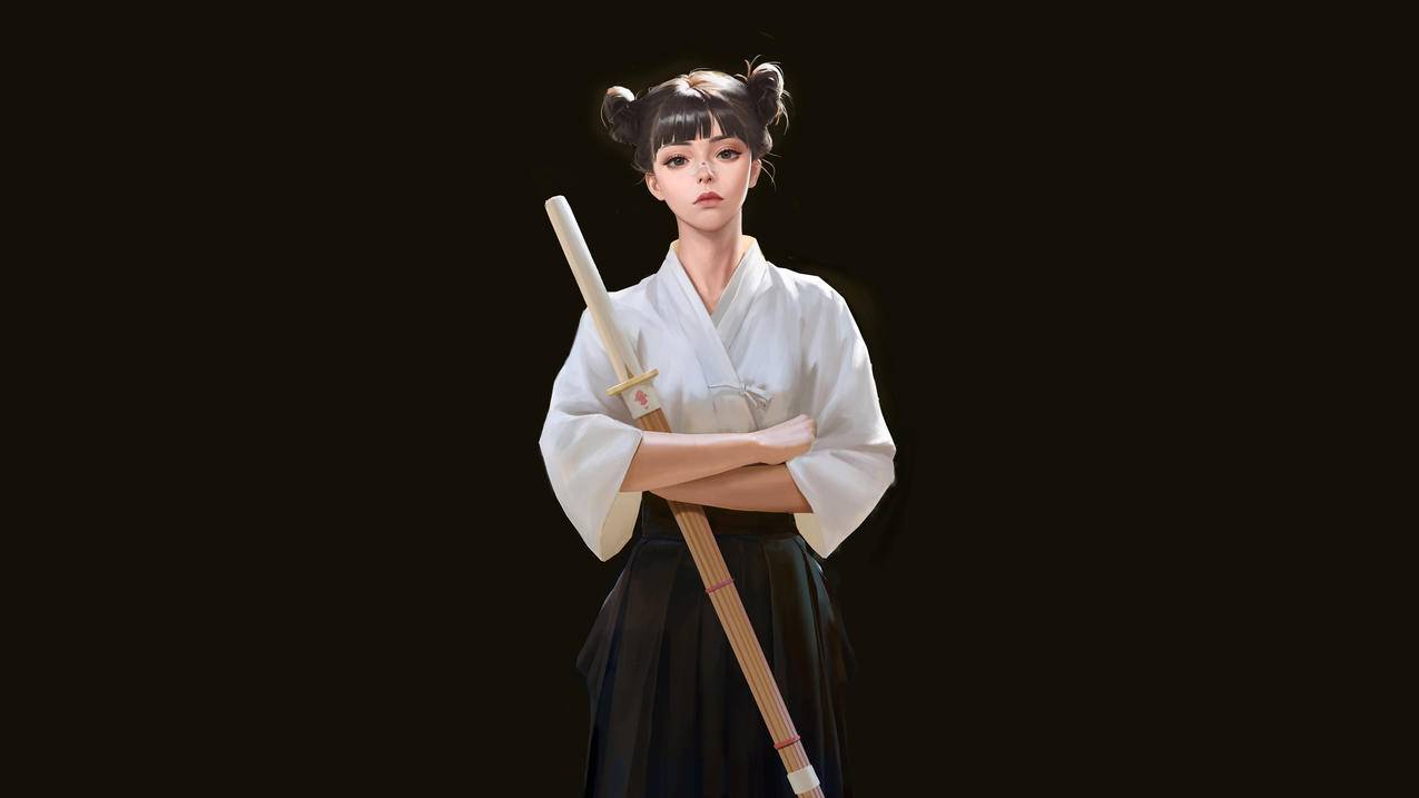 黑发女孩,宝剑,简单黑色背景,4K动漫壁纸