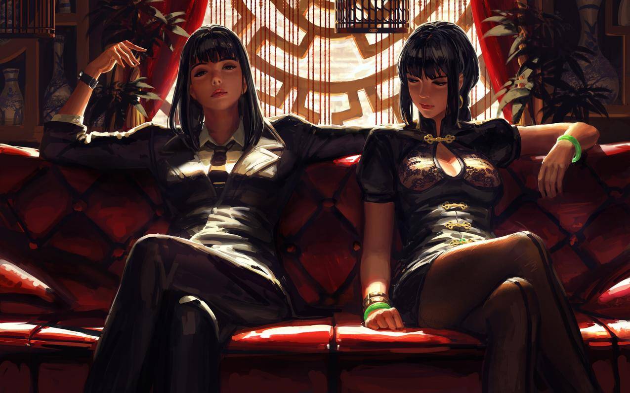 两个动漫女孩,坐着,中式连衣裙,连裤袜4k动漫壁纸