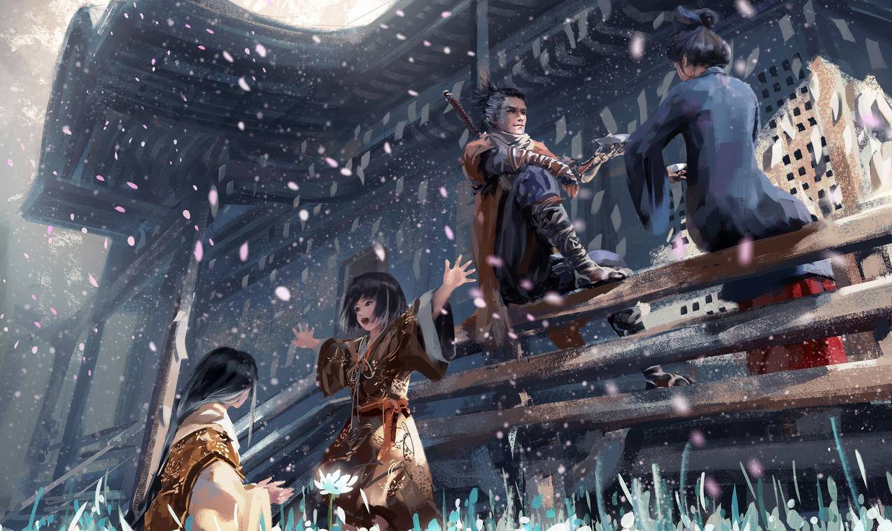 花雨,雪,小女孩,房屋,围栏上,喝酒,大叔,4K超清动漫壁纸