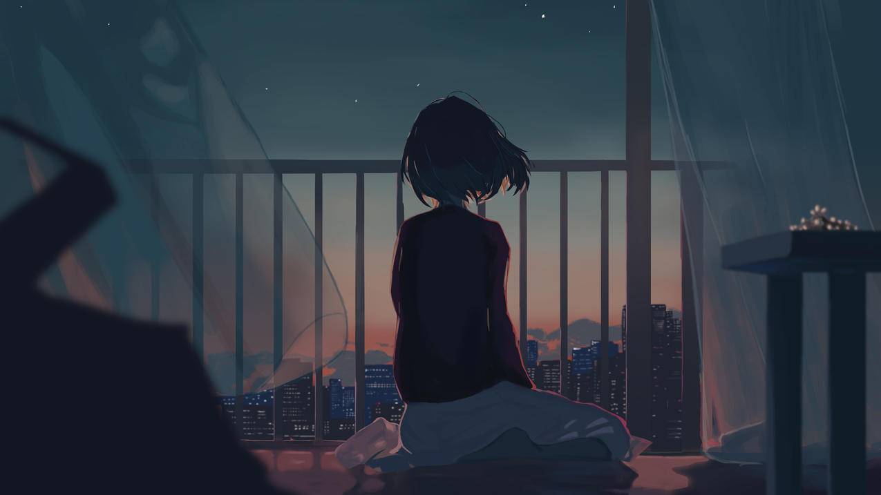 少女,女孩子,城市,窗帘,晚上,星星,夜晚风景,4K动漫壁纸