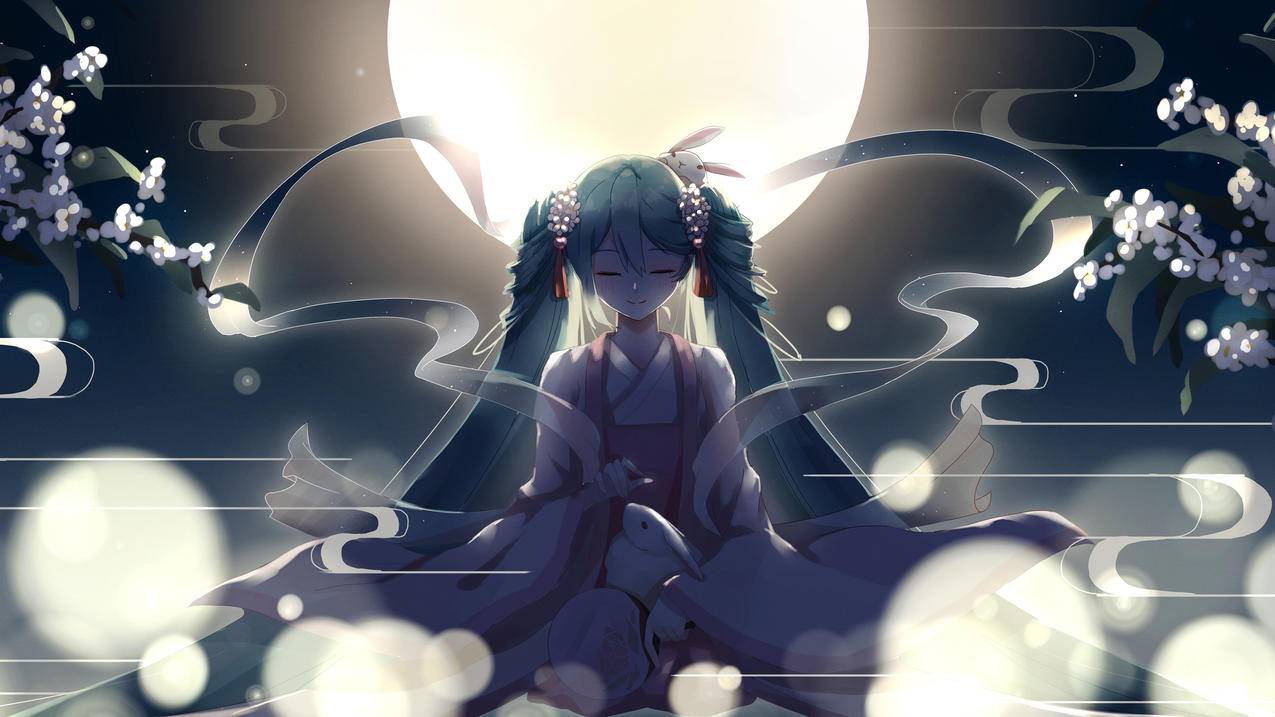 中秋节,晚上,月亮,兔子,初音未来,4K高清动漫壁纸