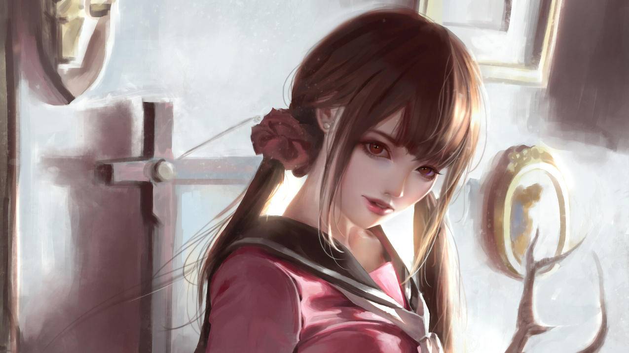 紫粉校服,发带,可爱,4K高清动漫壁纸