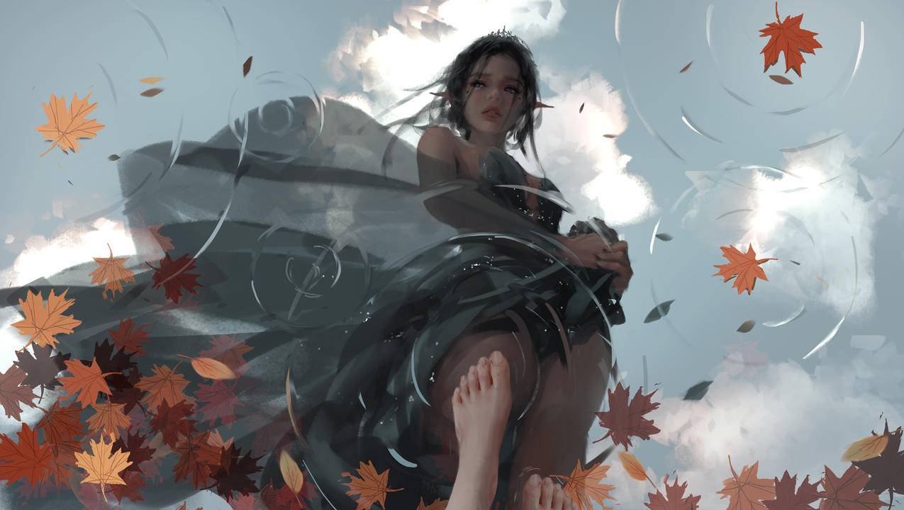 海琴烟,水泊,枫叶,天空,4K高清唯美动漫壁纸