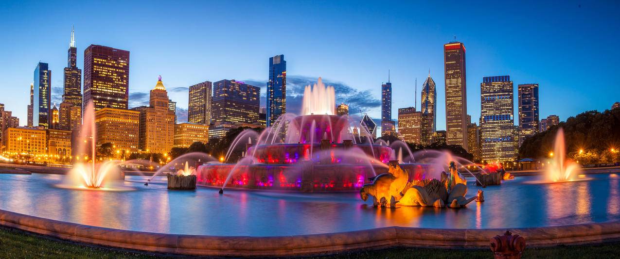 美国白金汉喷泉3440x1440风景壁纸