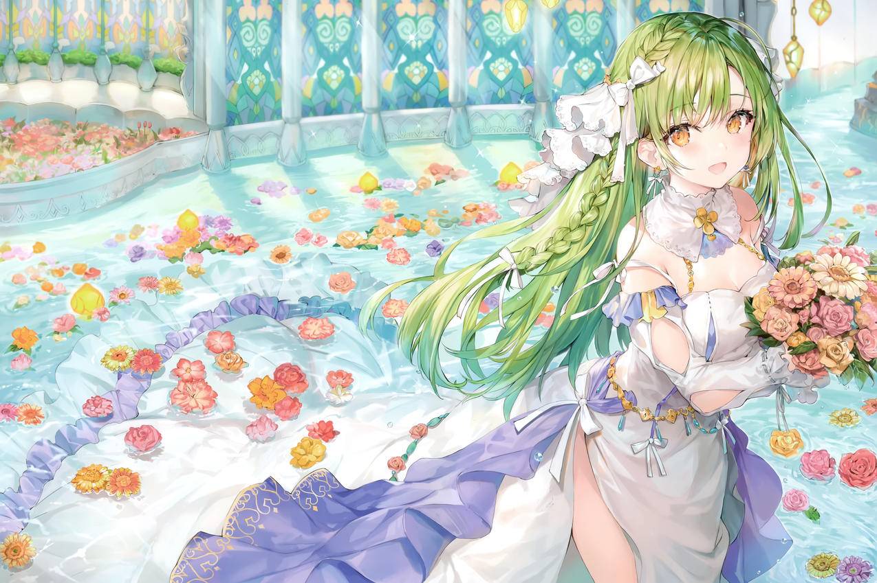 水池,花朵,捧花,唯美,礼服,女孩,4K高清动漫壁纸