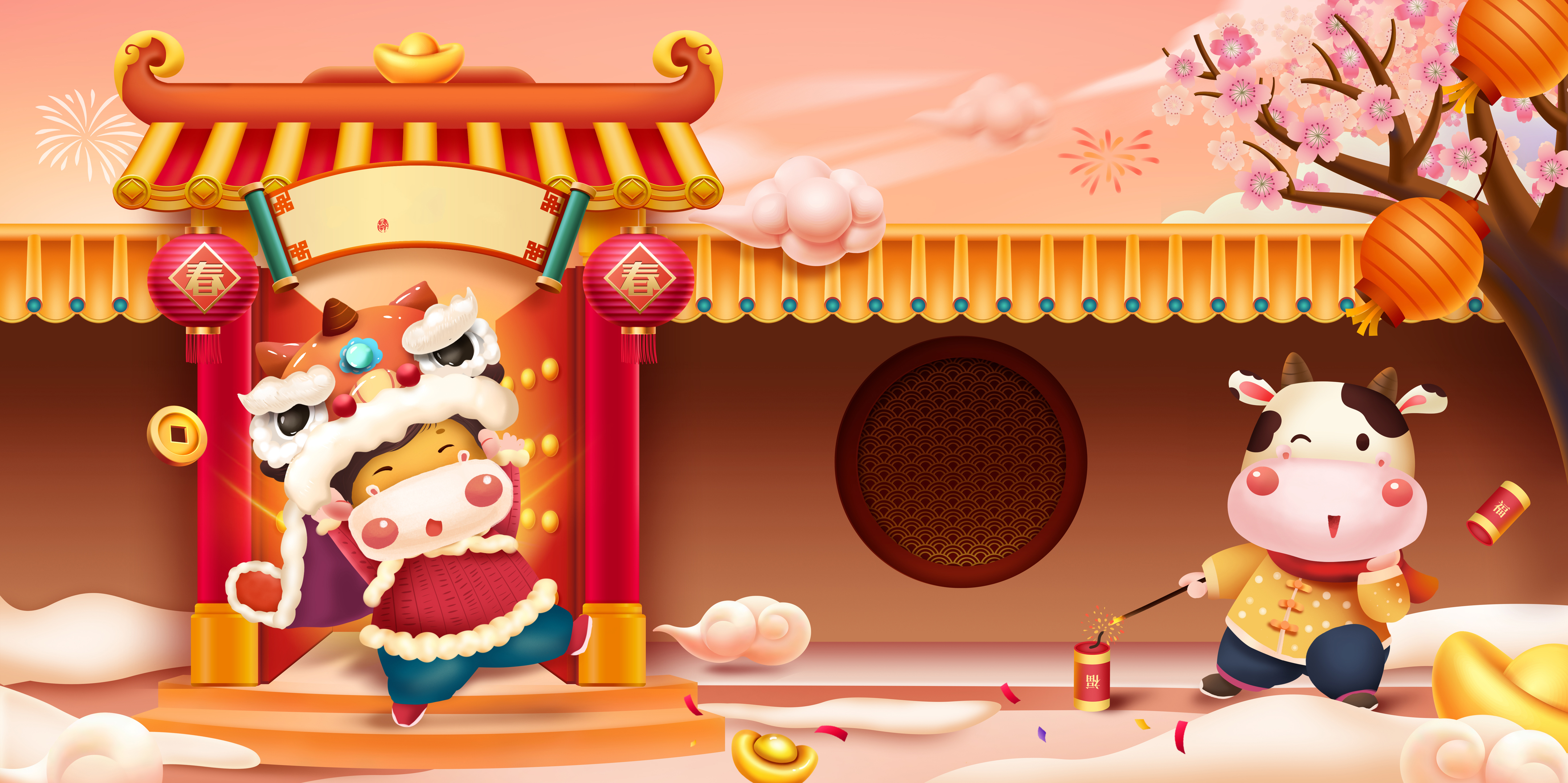 2021年牛年春节新年手绘4k高清壁纸