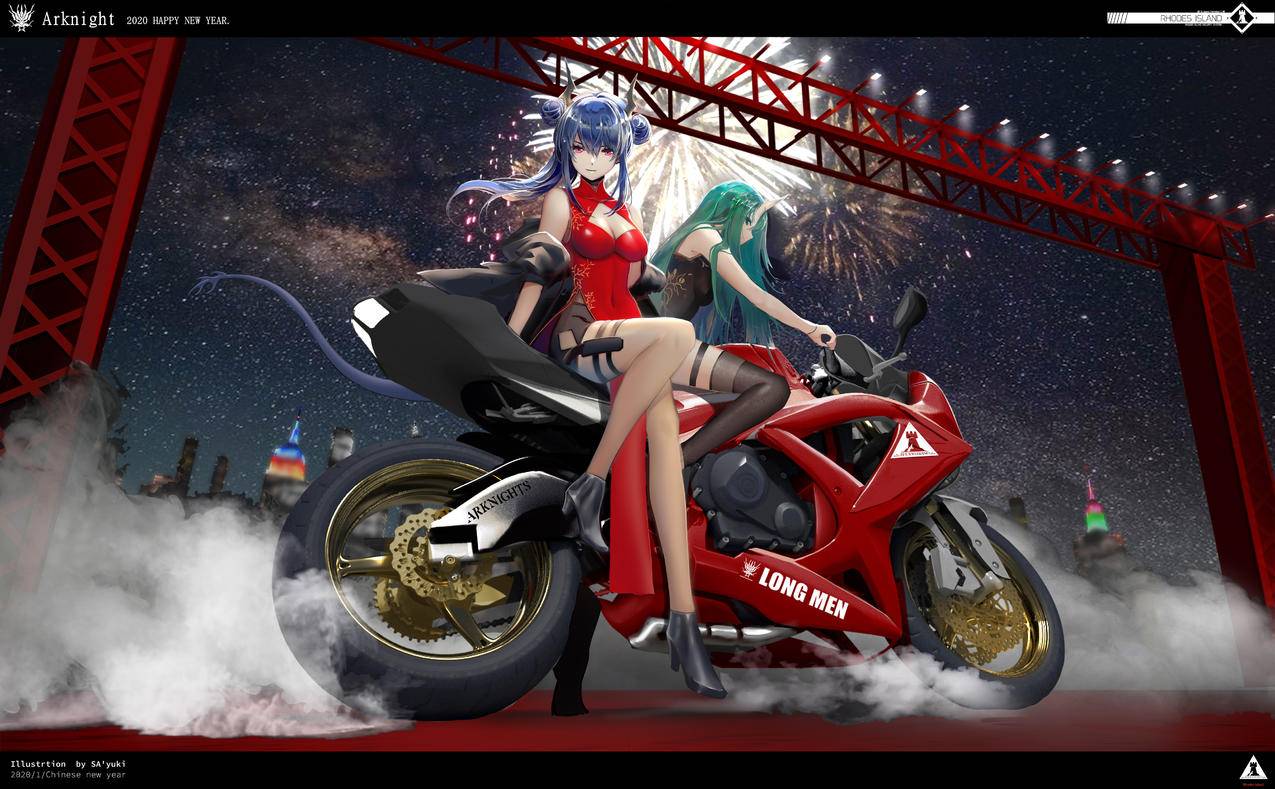 《明日方舟》陈,星熊,摩托车,烟花,4K高清游戏壁纸