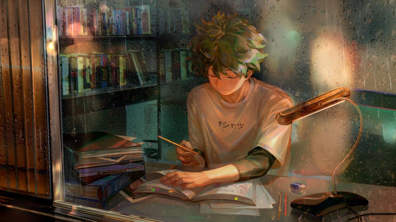 男孩,写作业,读书,灯光,玻璃,4K高清动漫壁纸