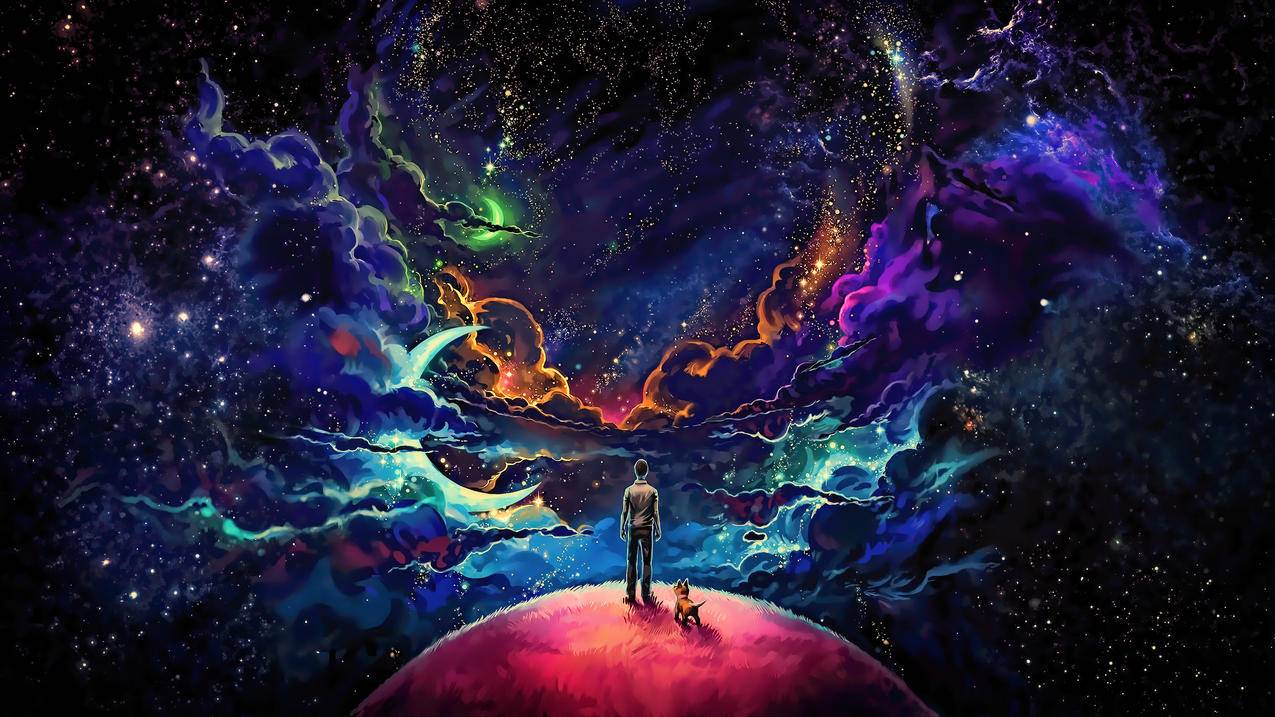幻想艺术,黑暗的星空,人,狗,唯美艺术,4K动漫壁纸