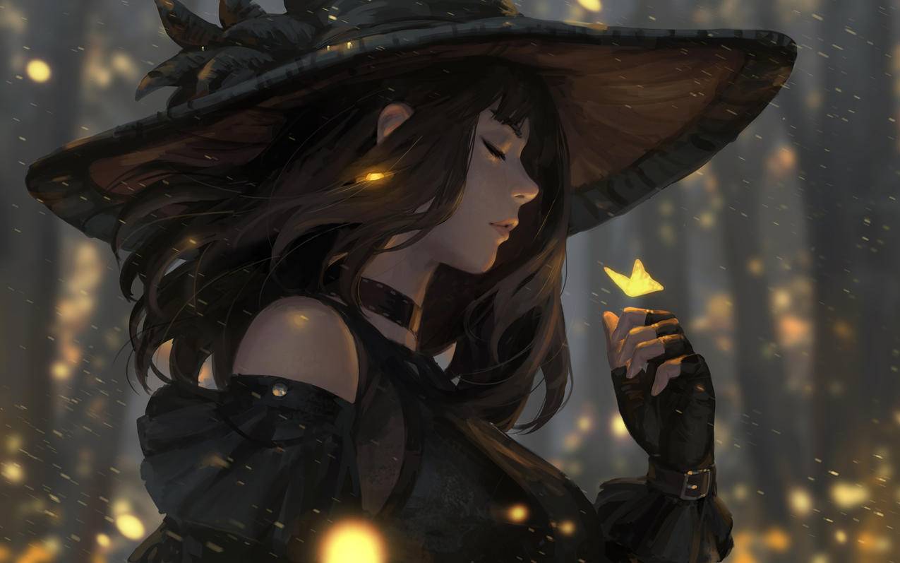 女孩少女闭眼,巫女帽,蝴蝶,唯美,秋,4K动漫壁纸