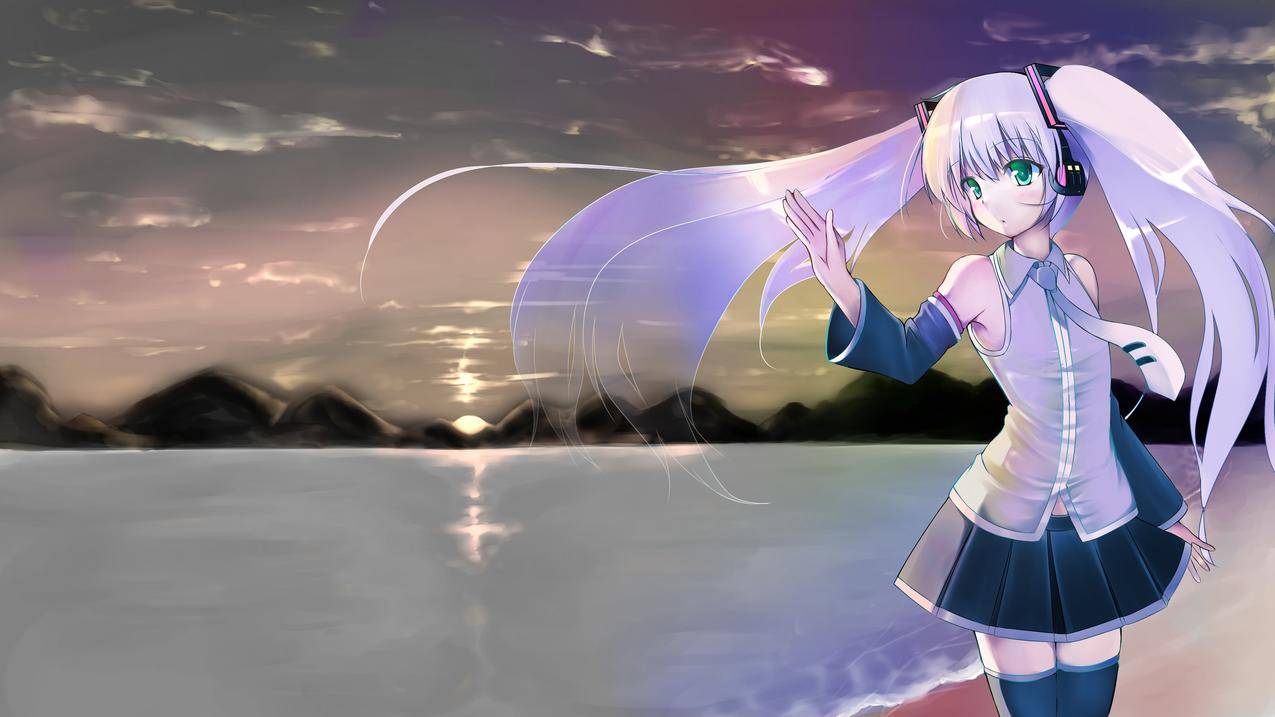 海边,日落,VOCALOID,女孩,初音未来4K壁纸