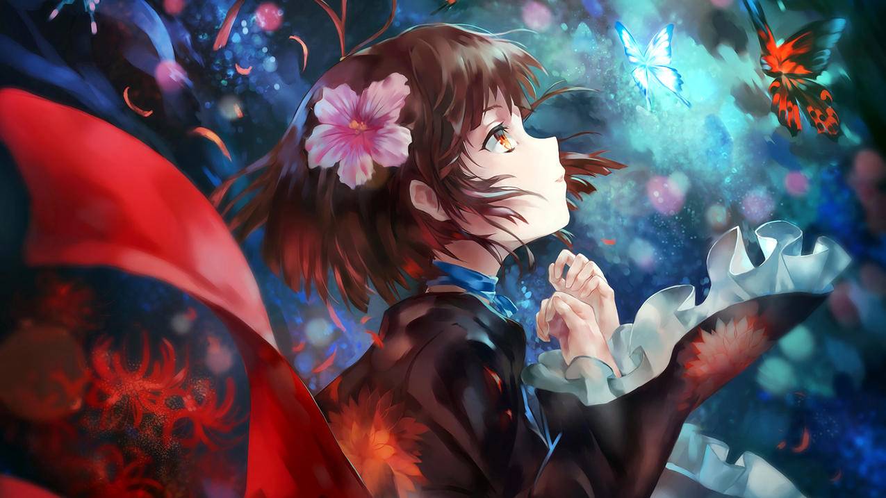 星空,女生,彼岸花,花瓣,蝴蝶,唯美梦幻,4K高清动漫壁纸
