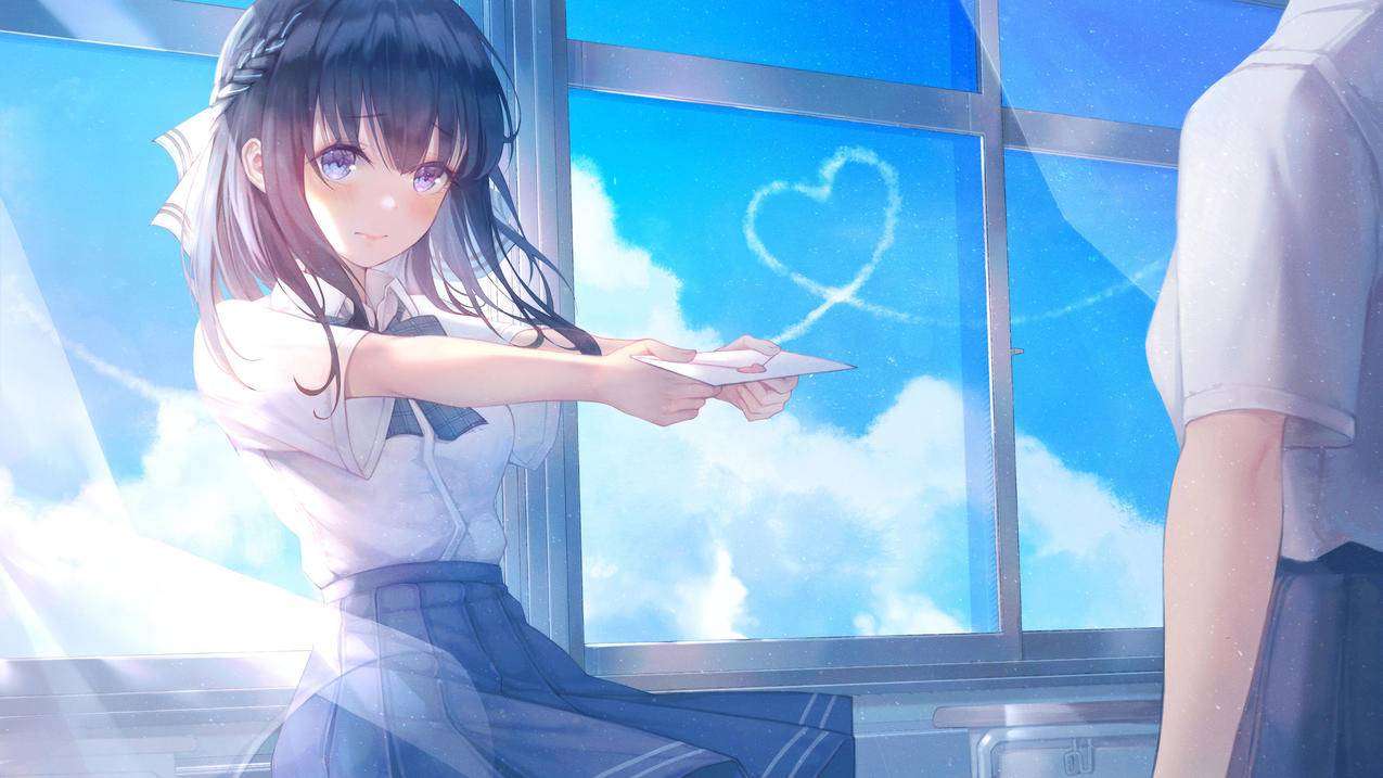 女孩校服,信封,课桌,教室,4K高清动漫壁纸