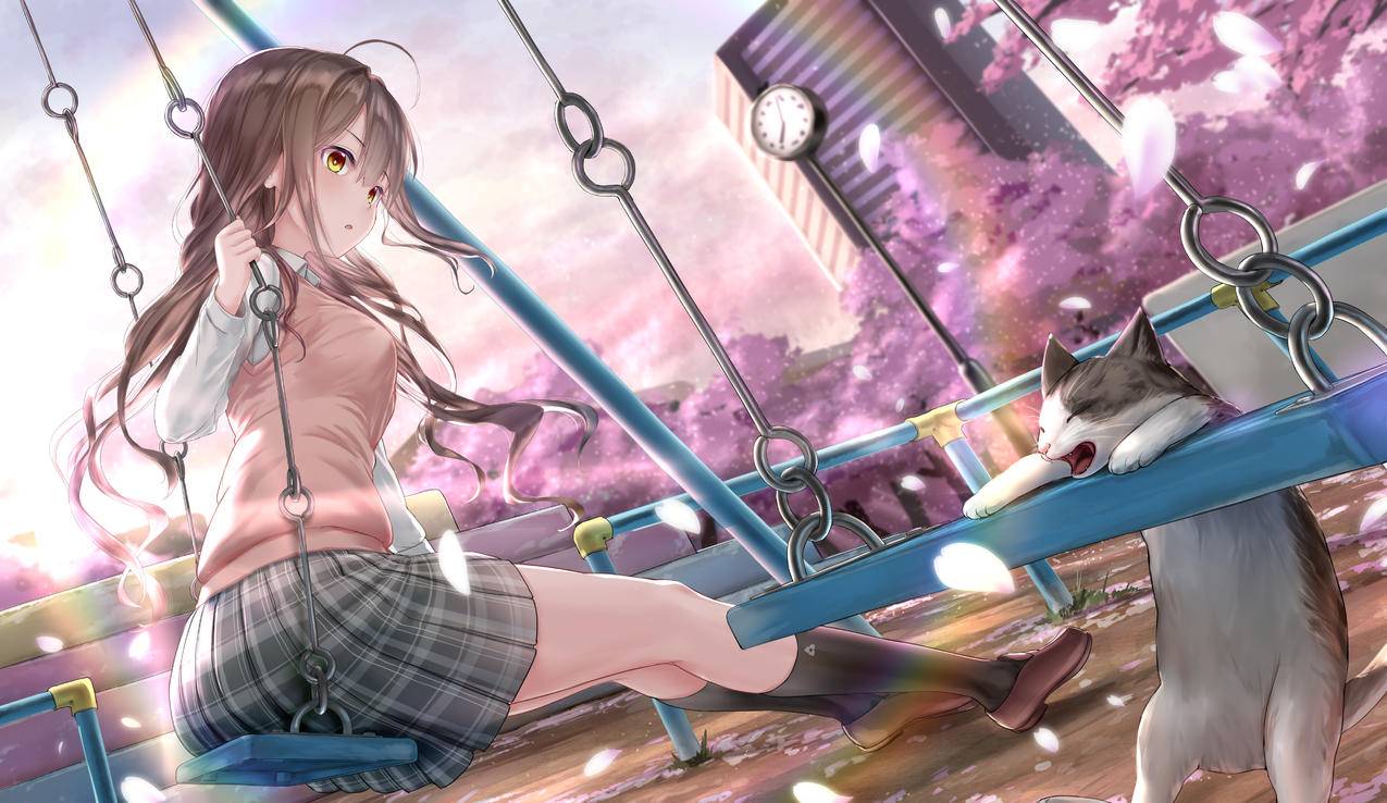 公园,秋千,樱花树,花瓣,猫,学生,4K高清动漫壁纸