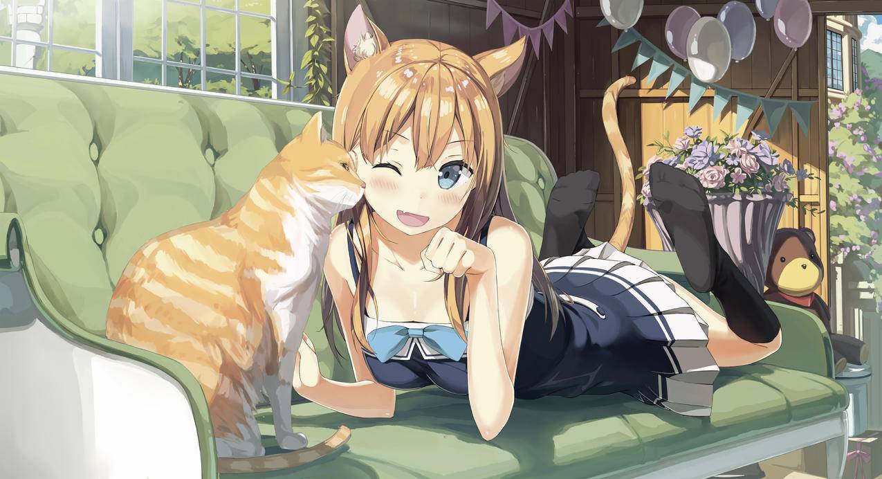 蓝眼,金发,猫,动漫女孩,4k高清壁纸
