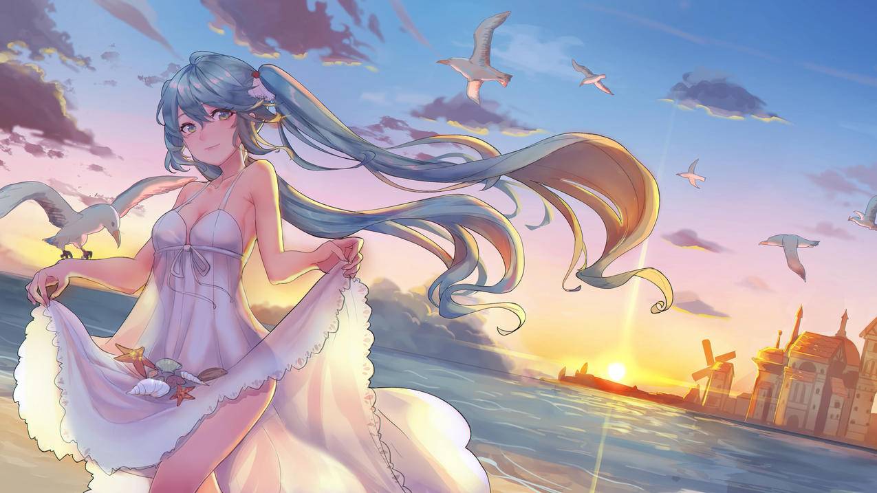 初音未来,美少女,女孩子,晚霞,4K动漫壁纸
