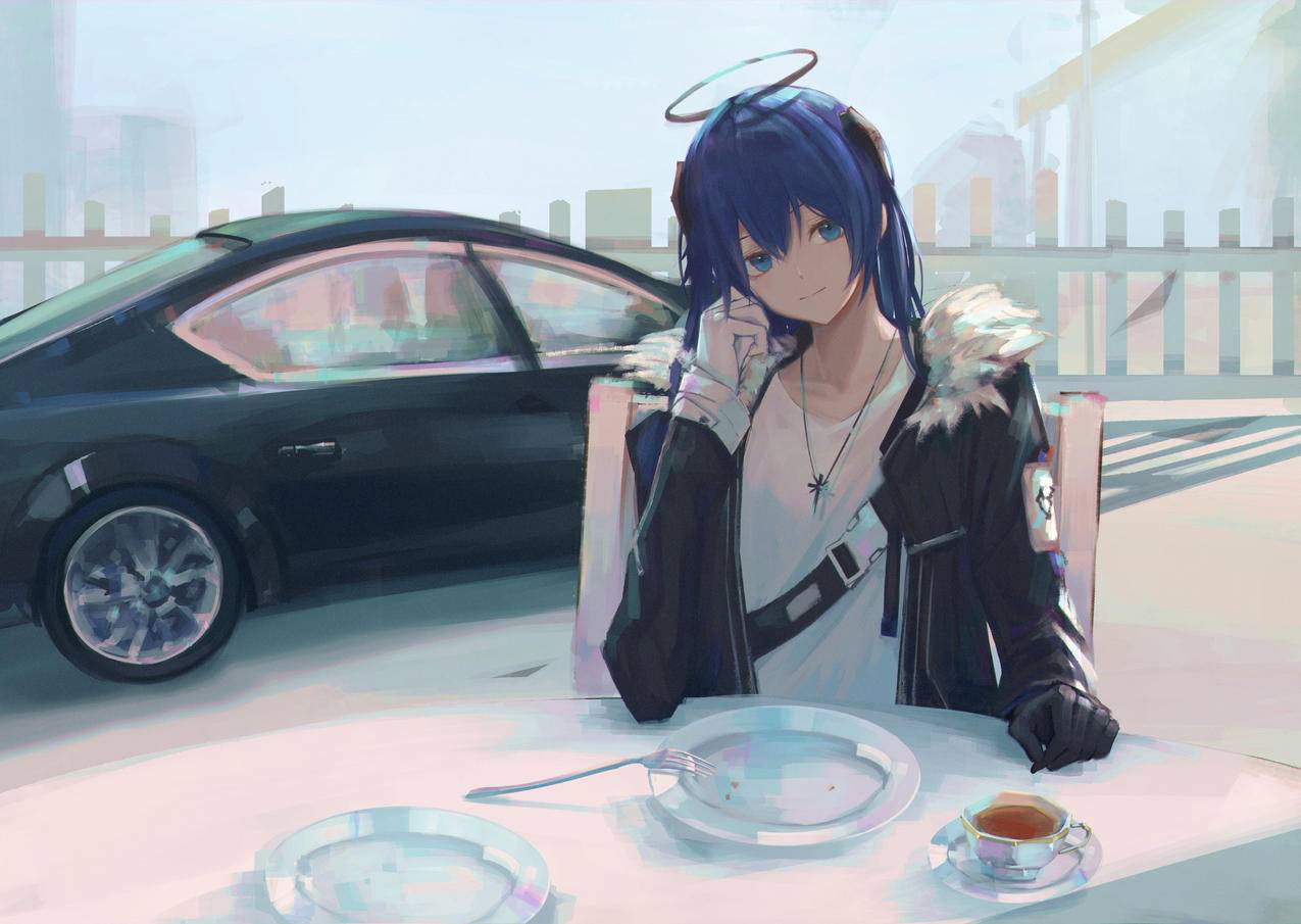 《明日方舟》莫斯提马,餐桌,茶,盘子,叉子,黑色汽车,路边,4K高清游戏壁纸