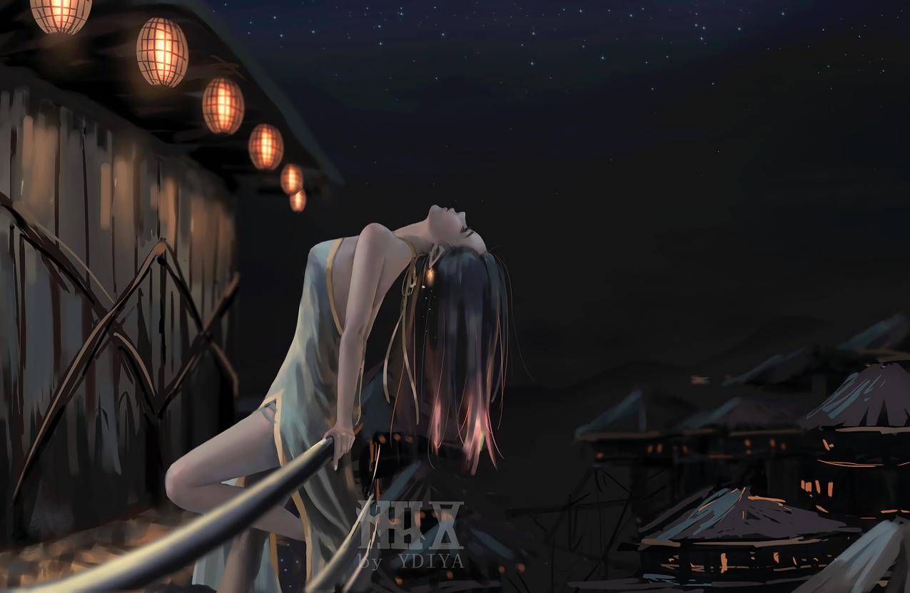 夜晚 星星 仰望星空 唯美长发旗袍动漫美女8k壁纸