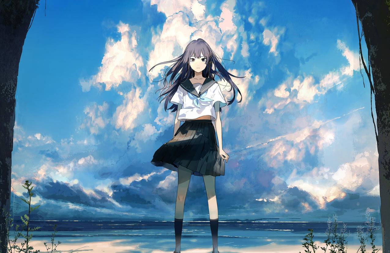 女孩,水手领校服,百褶裙,天空,海水,沙滩,洞口,4K高清动漫壁纸,4K高清壁纸