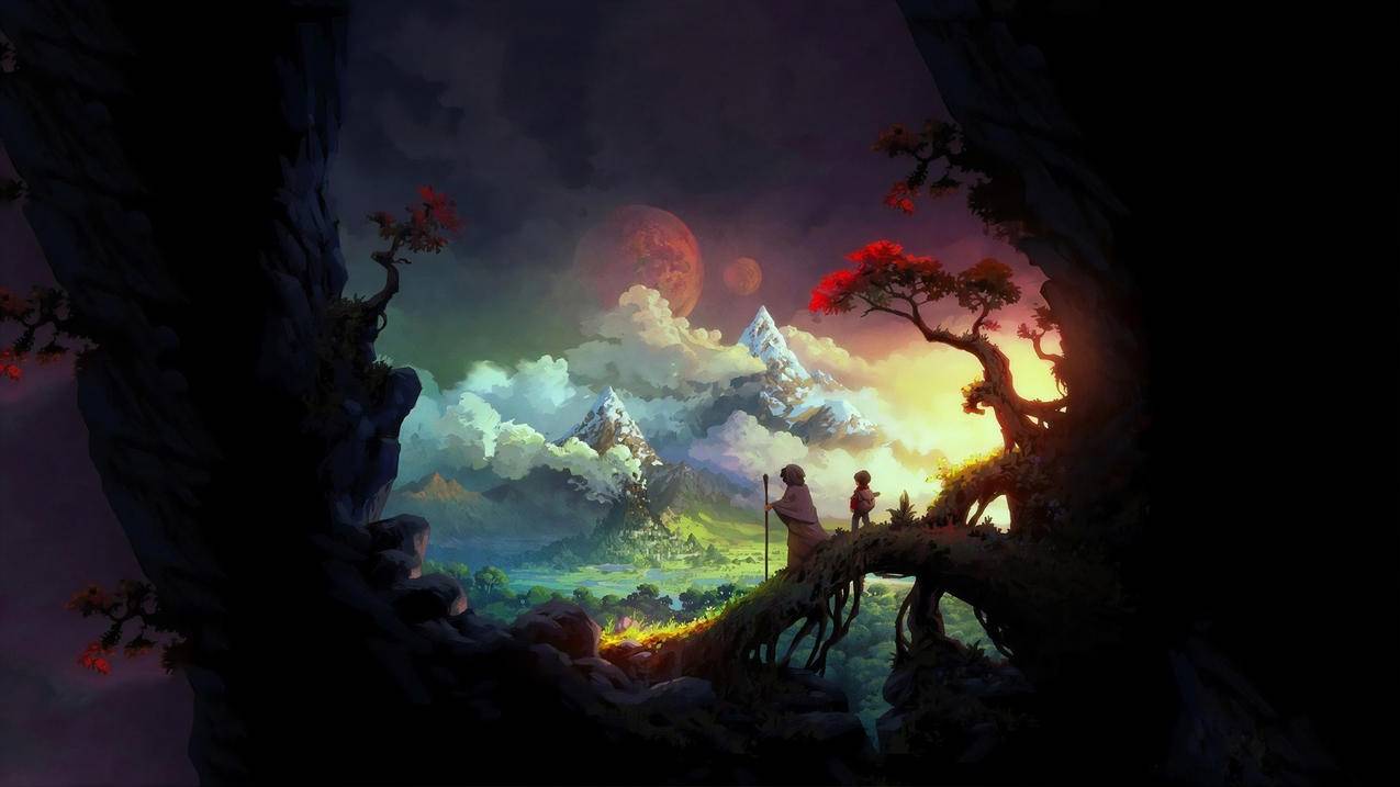 旅行者,孩子,老人,日落,高山,树,4K动漫壁纸