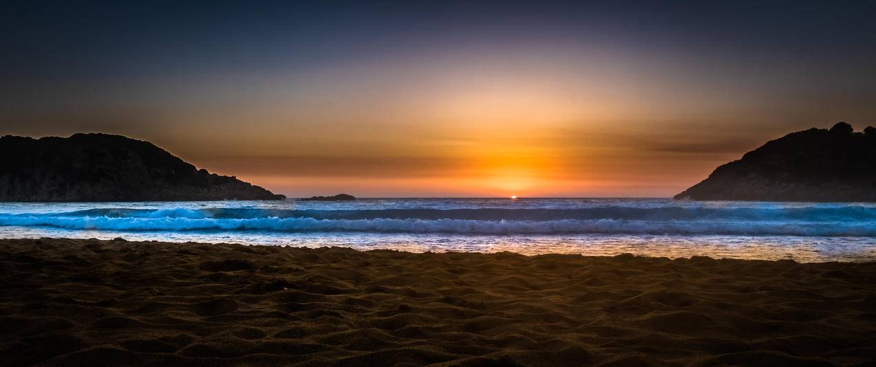 夕阳,西,海,天空,夜晚,海滩,希腊,3440x1440风景壁纸