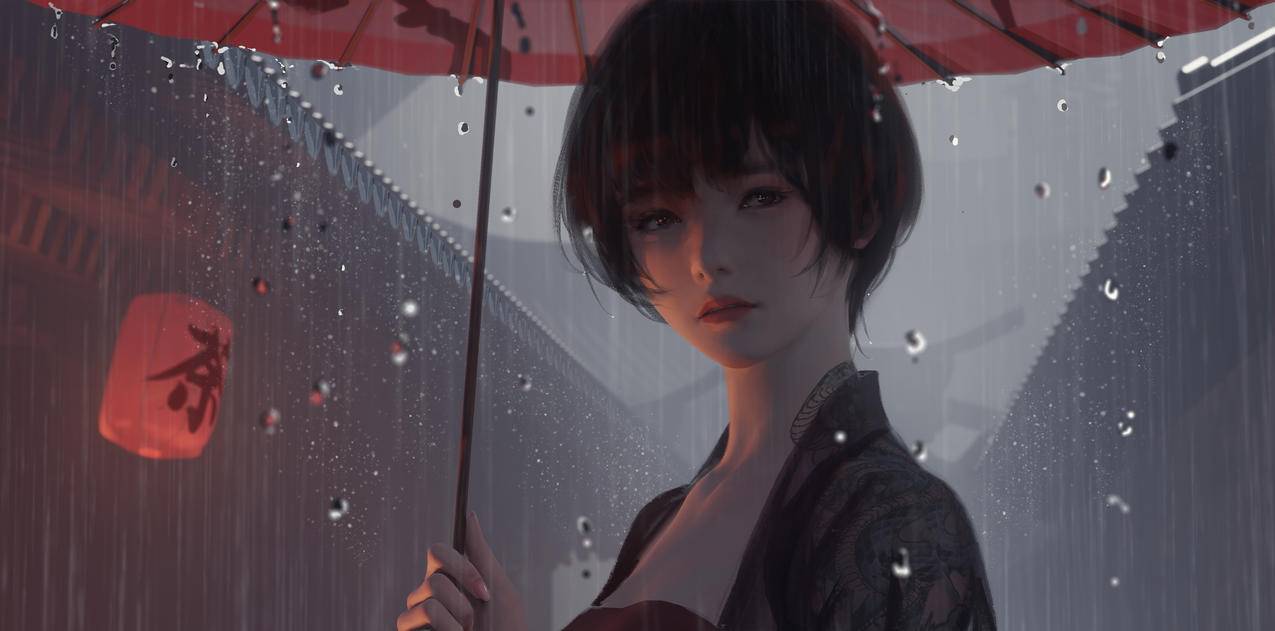 小绿,灯笼,伞,雨,4K高清动漫壁纸