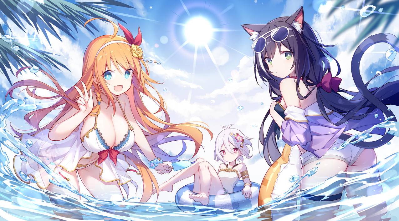 《公主连接ReDive-Princess,Connect!ReDive》泳衣,游泳,水,唯美,女孩,兽耳,太阳,树叶,游泳圈,4K高清动漫壁纸