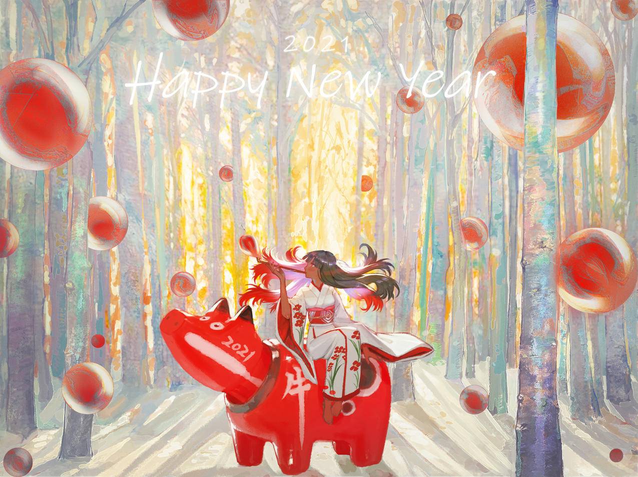 树林,红球,红牛,女孩,和服,2021,新年快乐,光,4K高清动漫壁纸,4K高清壁纸