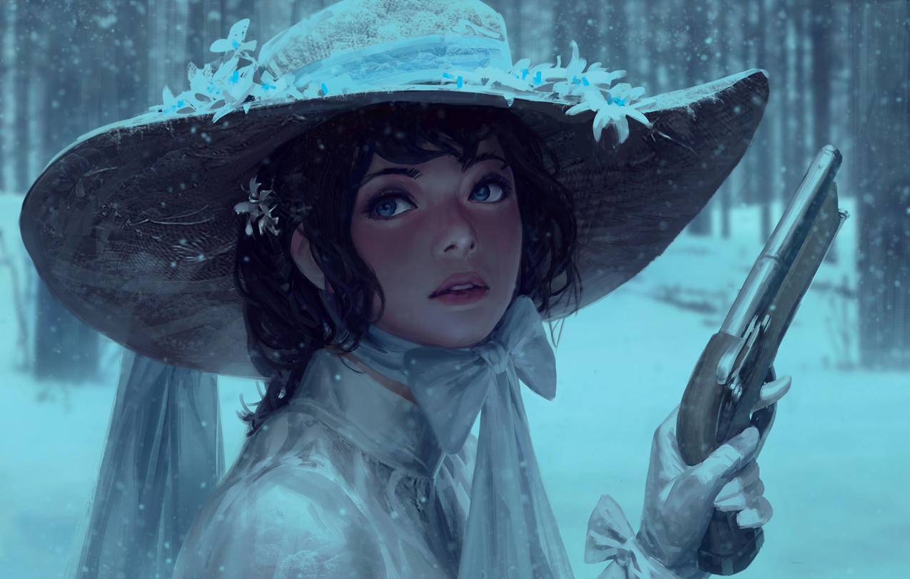 冬季,雪地,树林,女孩,白帽子,枪,中世纪衣裙,4K高清动漫壁纸