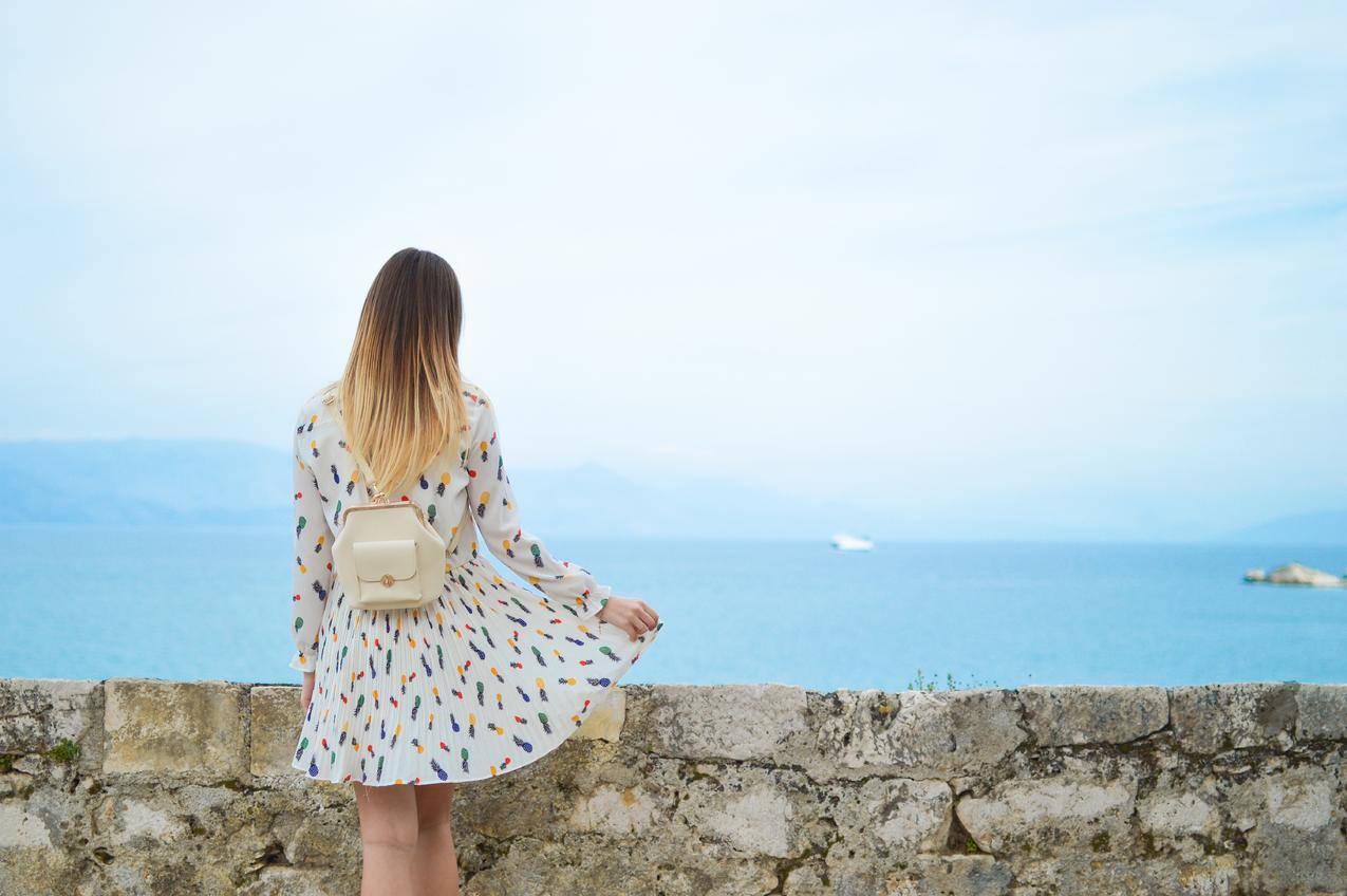 女孩,裙子,背部,小清新,度假,假期,漫步,旅行,景区,海洋,6K图片
