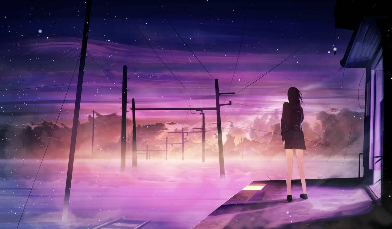 车站女生,星空,唯美动漫,4k高清壁纸
