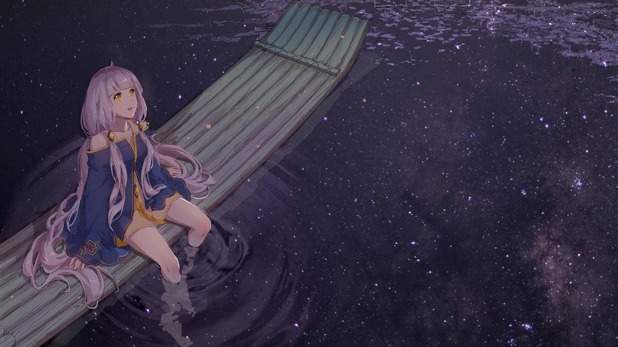 星尘,星空,湖水,竹筏,少女4K动漫壁纸