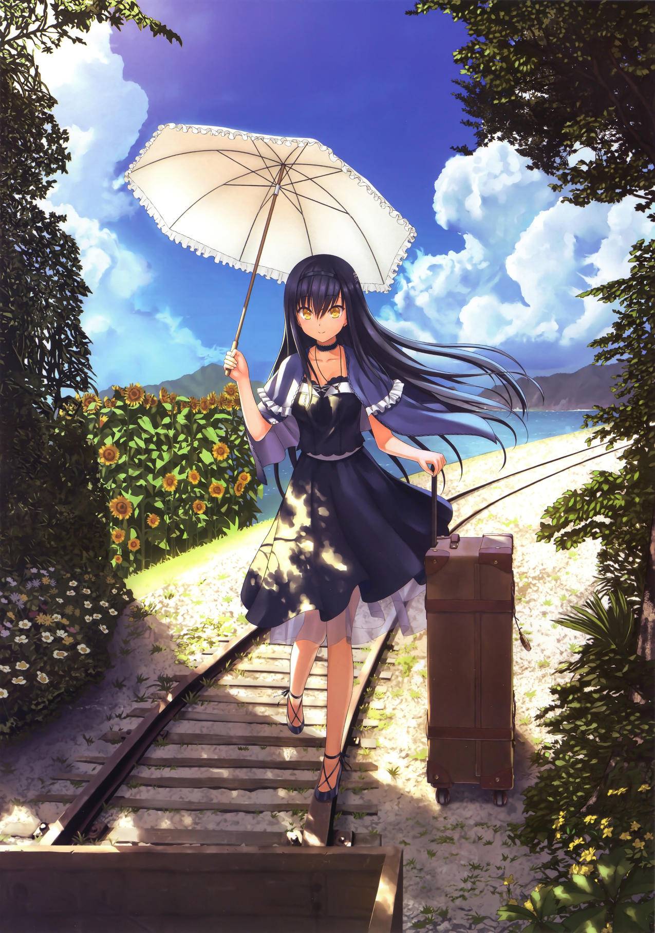 《Summer,Pockets》太阳伞,行李箱,轨道,海边,花,向日葵,阳光,天空,4K高清游戏壁纸