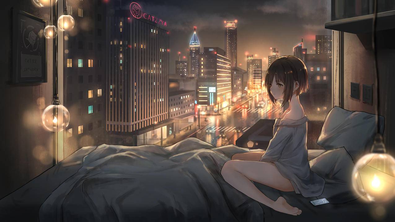 女生,起床,晚上,都市,夜景,灯泡,4K动漫壁纸