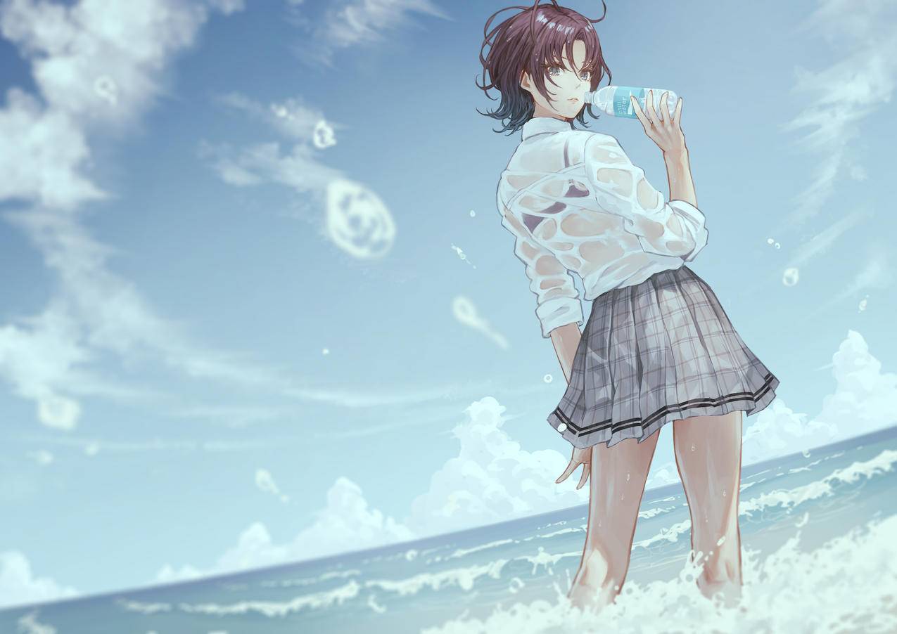 女孩,矿泉水,水珠,海,天空,百褶裙,白衬衫,4K高清动漫壁纸,4K高清壁纸