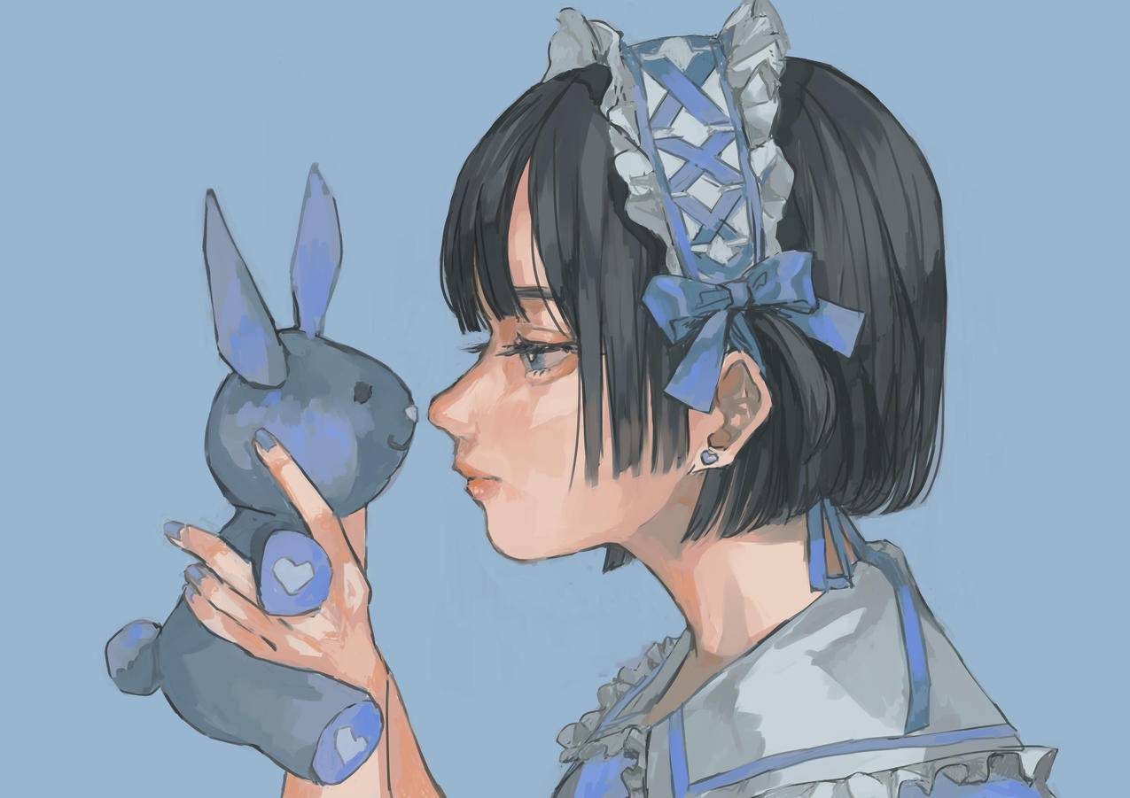 女孩,兔子玩偶,4K高清动漫壁纸