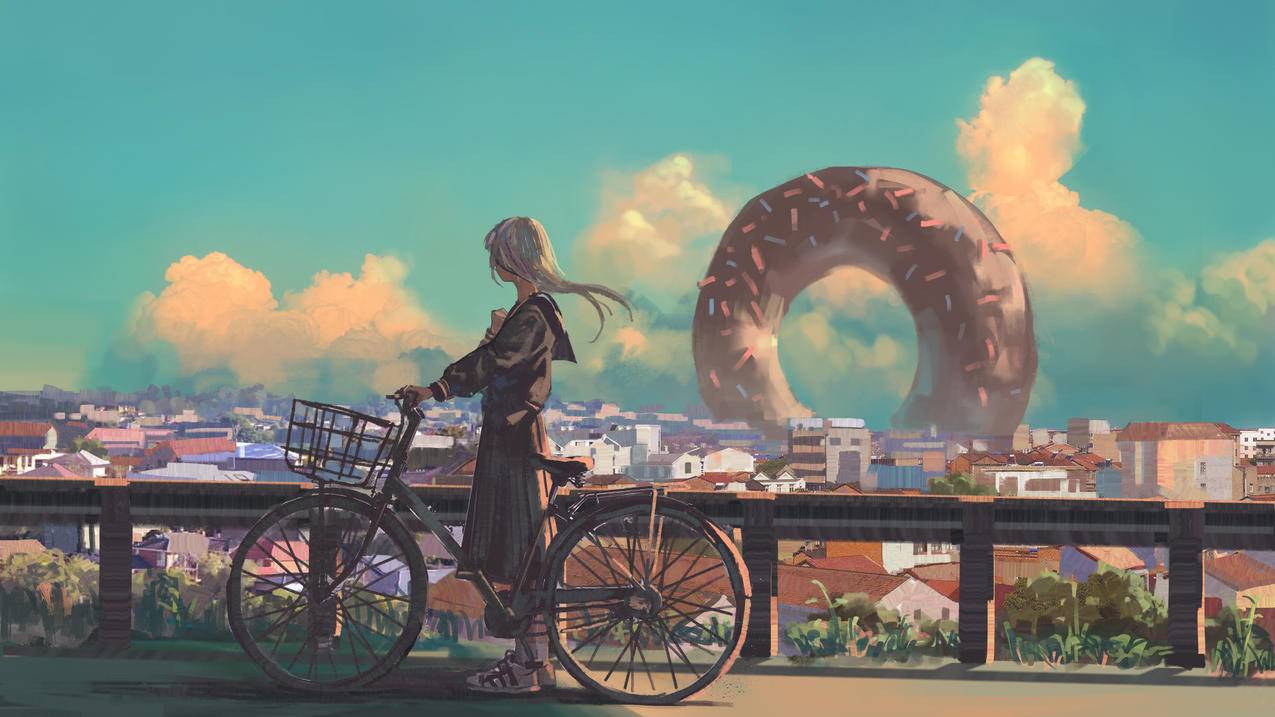 梦,少女,单车,甜甜圈,4K高清动漫壁纸