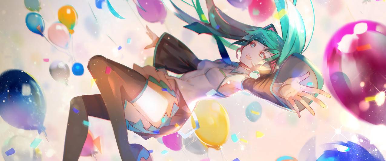 miku初音未来,气球,3440x1440动漫带鱼屏壁纸