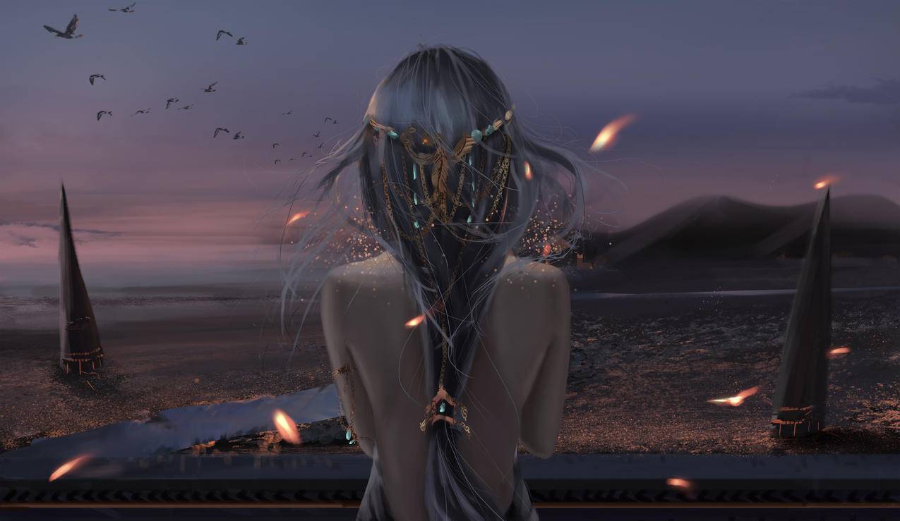 黎明,风景,女子,后背,唯美插画,4K唯美动漫壁纸