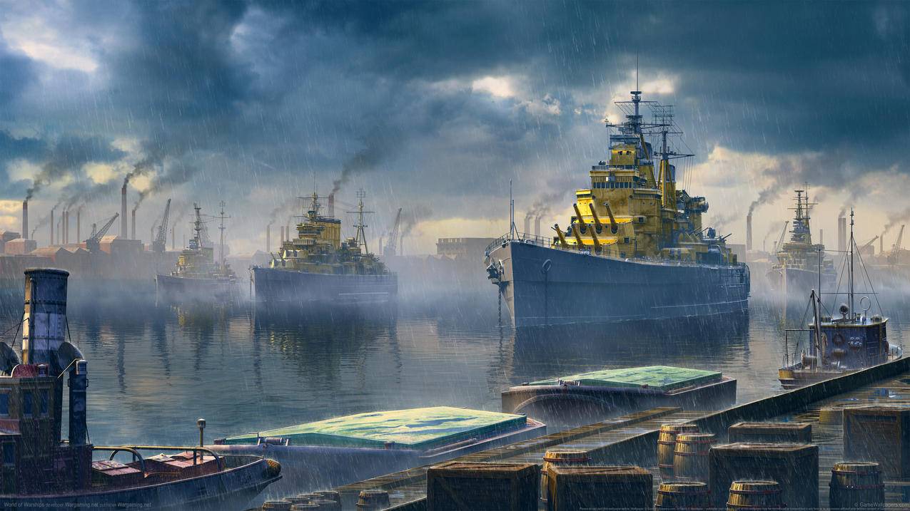 《战舰世界-World,of,Warships》下雨,轮船,港口,4K高清壁纸