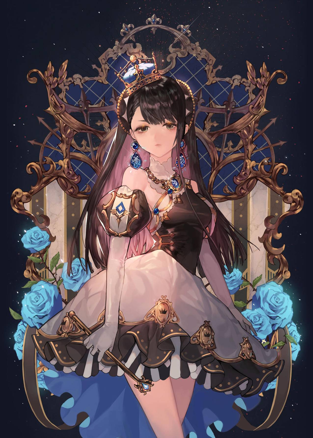 高贵,女孩,皇冠,宝石,蓝玫瑰,魔法棒,4K高清动漫壁纸