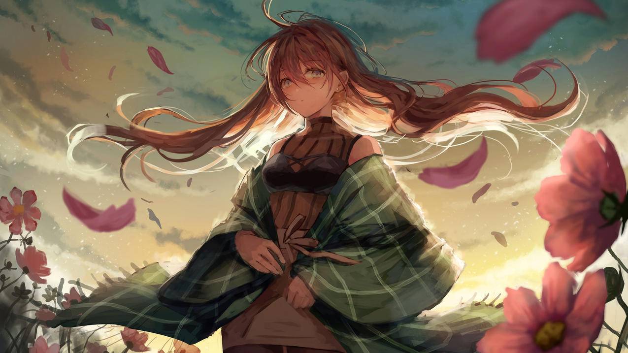 二次元动漫女生,花,天空,4K高清动漫壁纸