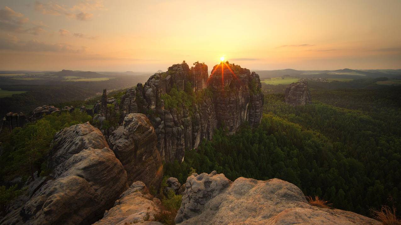树林,高处,夕阳日落风景,4k高清壁纸