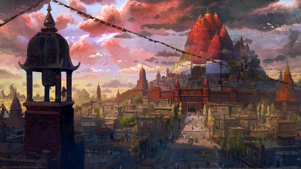 《鬼哭邦(Oninaki)》红色城堡,城镇,云,塔,4K高清壁纸
