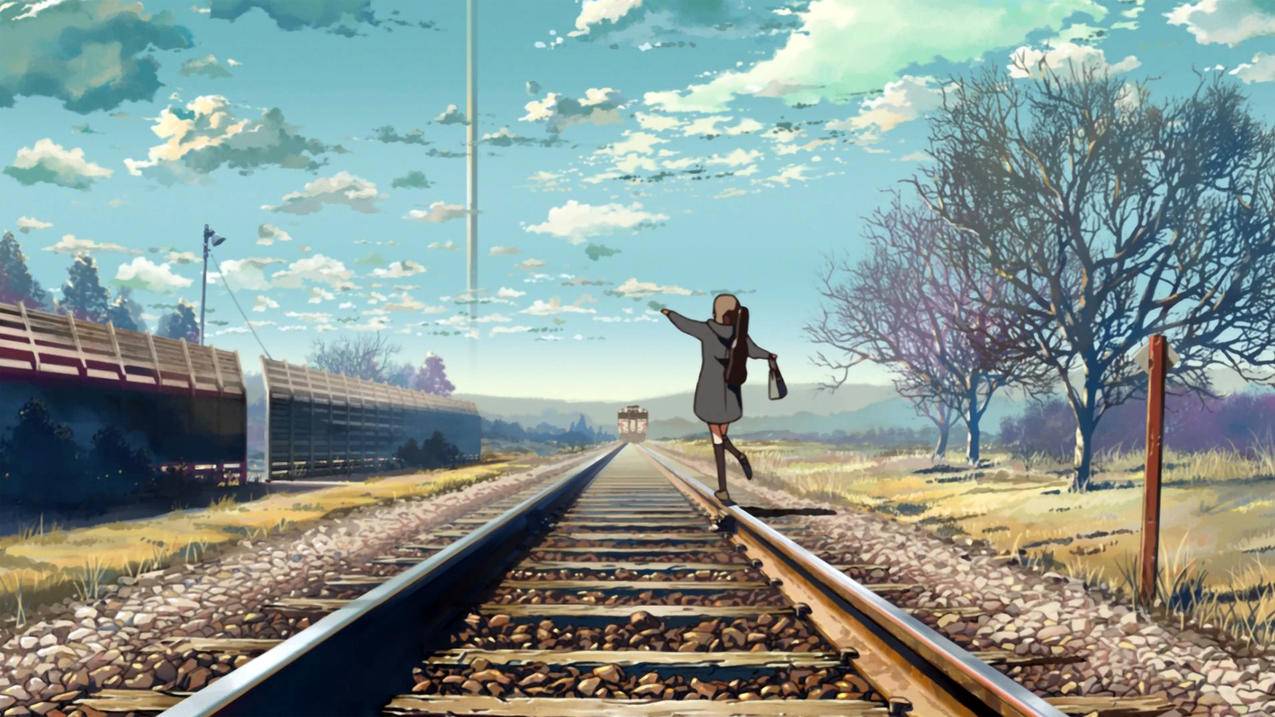 铁路上的小女生动漫风景,4k高清壁纸