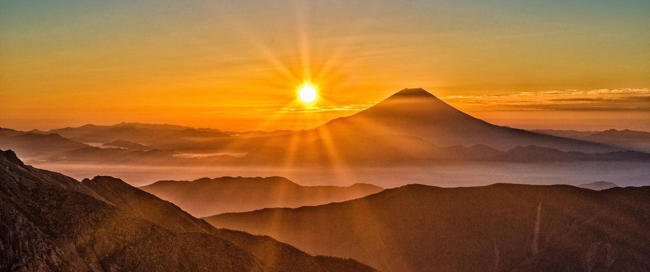 太阳,富士山风景3440x1440壁纸