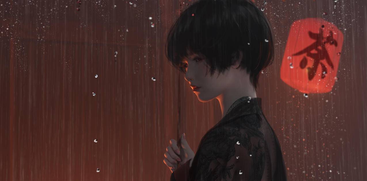 小绿,茶灯笼,伞,雨,4K高清动漫壁纸