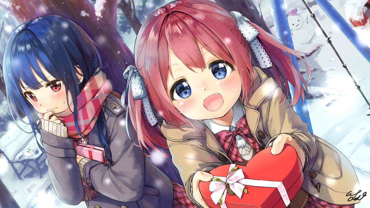 两个可爱小女孩,雪人,冬季,雪,树,4k动漫高清壁纸